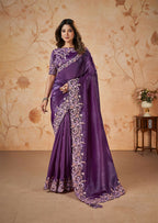 Purple Banarasi Crush Silk Thread, Sequence, Cord Embroidered with Stone & Moti Work Saree - Mohmanthan Dakshika