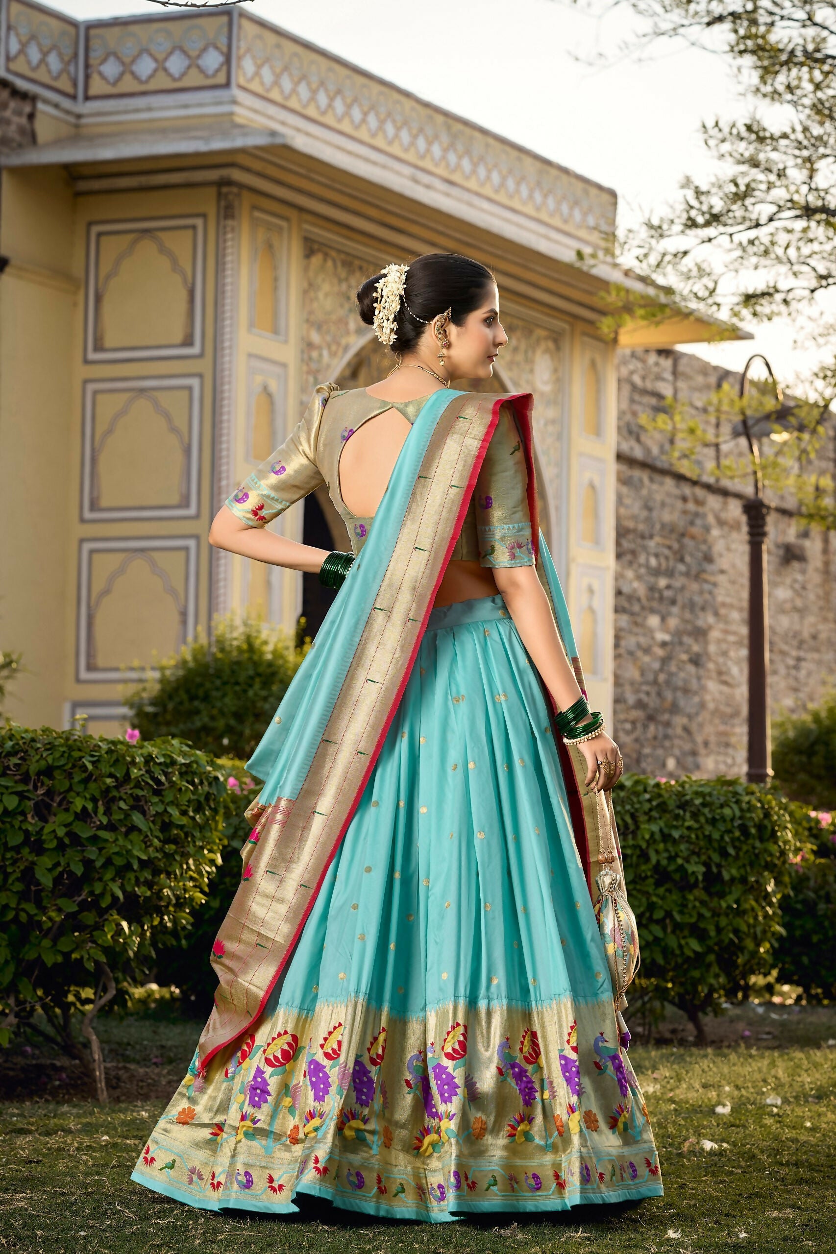 Vastranavya Traditional Jacquard Silk Paithani Lehenga Choli - Sky Blue