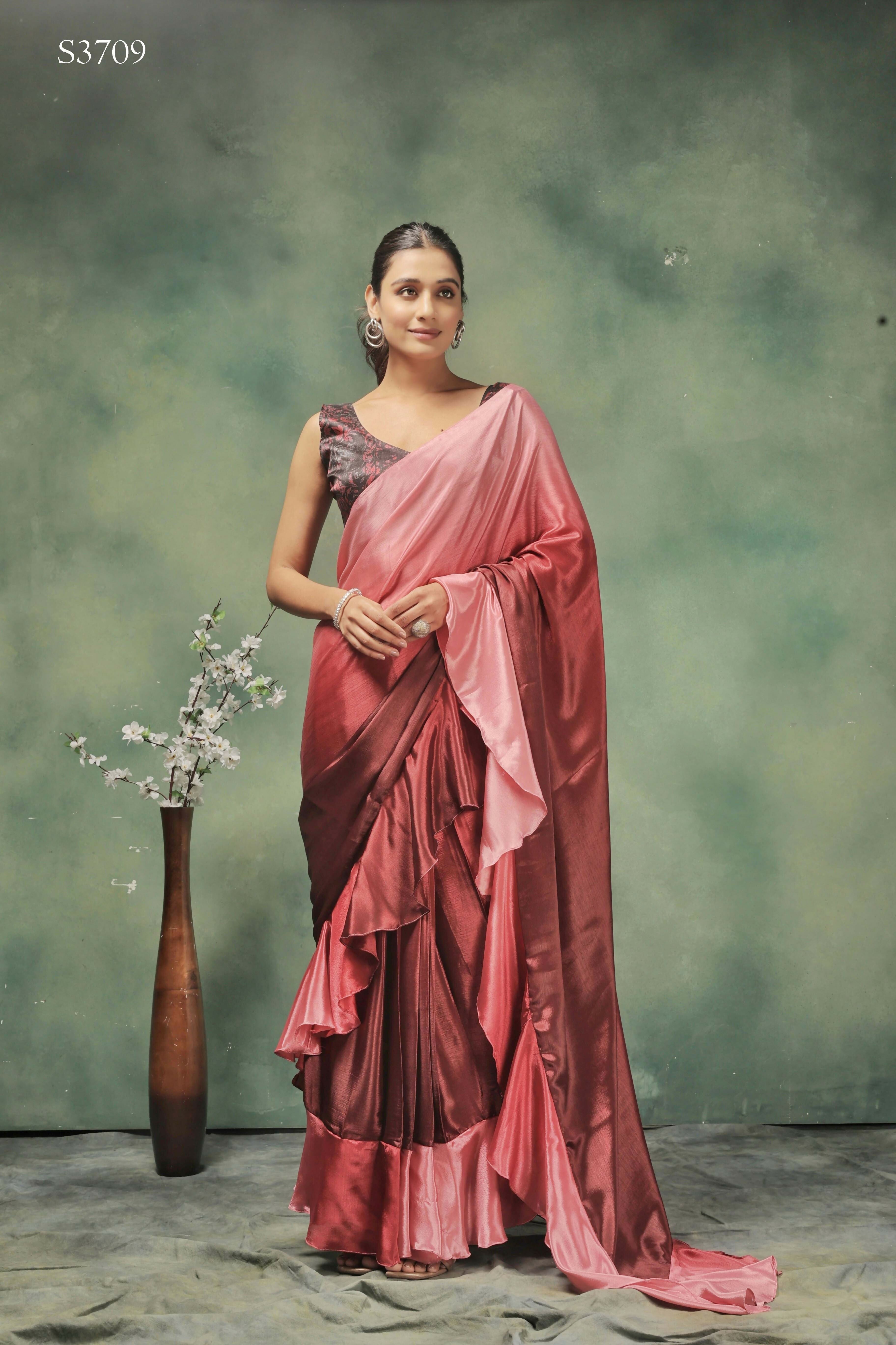 Pink Satin Solid Designer, Printed Party Wear Ready To Wear Saree - Nasreen