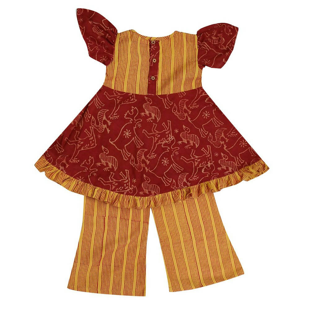 Mhyssa Gathered Sleeves Red Kurta With Full Length Yellow Palazzo Set For Kids