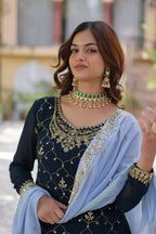 Vastranavya Faux Blooming with Sequins Embroidered Kurti, Palazzo & Dupatta - Teal