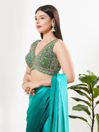 Joban Fashion Green Multi Georgette Padded Blouse With V Neck Sleeveless - Distacart