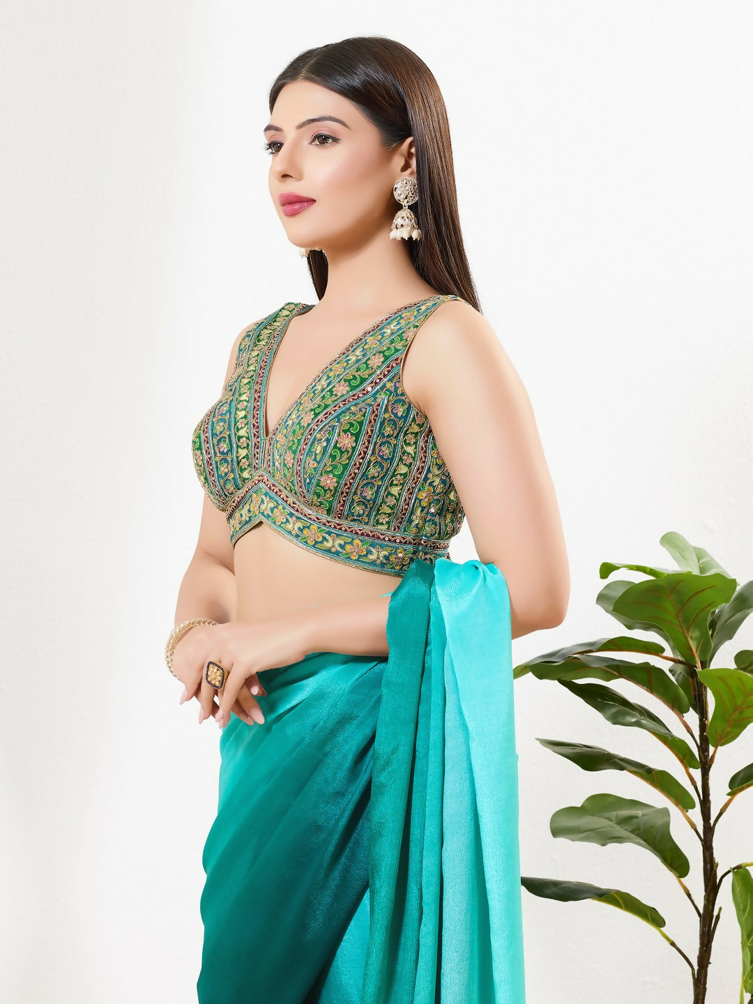 Joban Fashion Green Multi Georgette Padded Blouse With V Neck Sleeveless - Distacart
