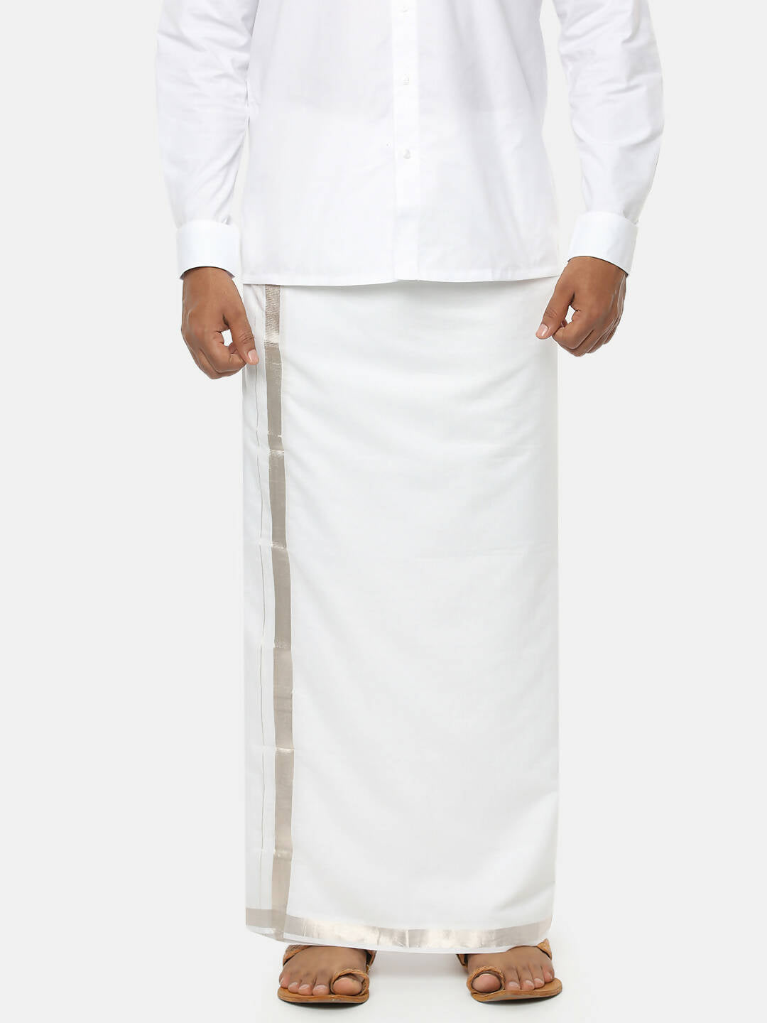 Ramraj Cotton Mens Cotton Silver Jari Dhoti - White