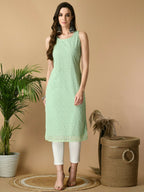 Myshka Women's Green Georgette Sleeveless Straight Party Kurta