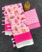 Prime Volt Linen Cotton Pink Printed Saree with Contrast Zari Border and Designer Blouse - Distacart
