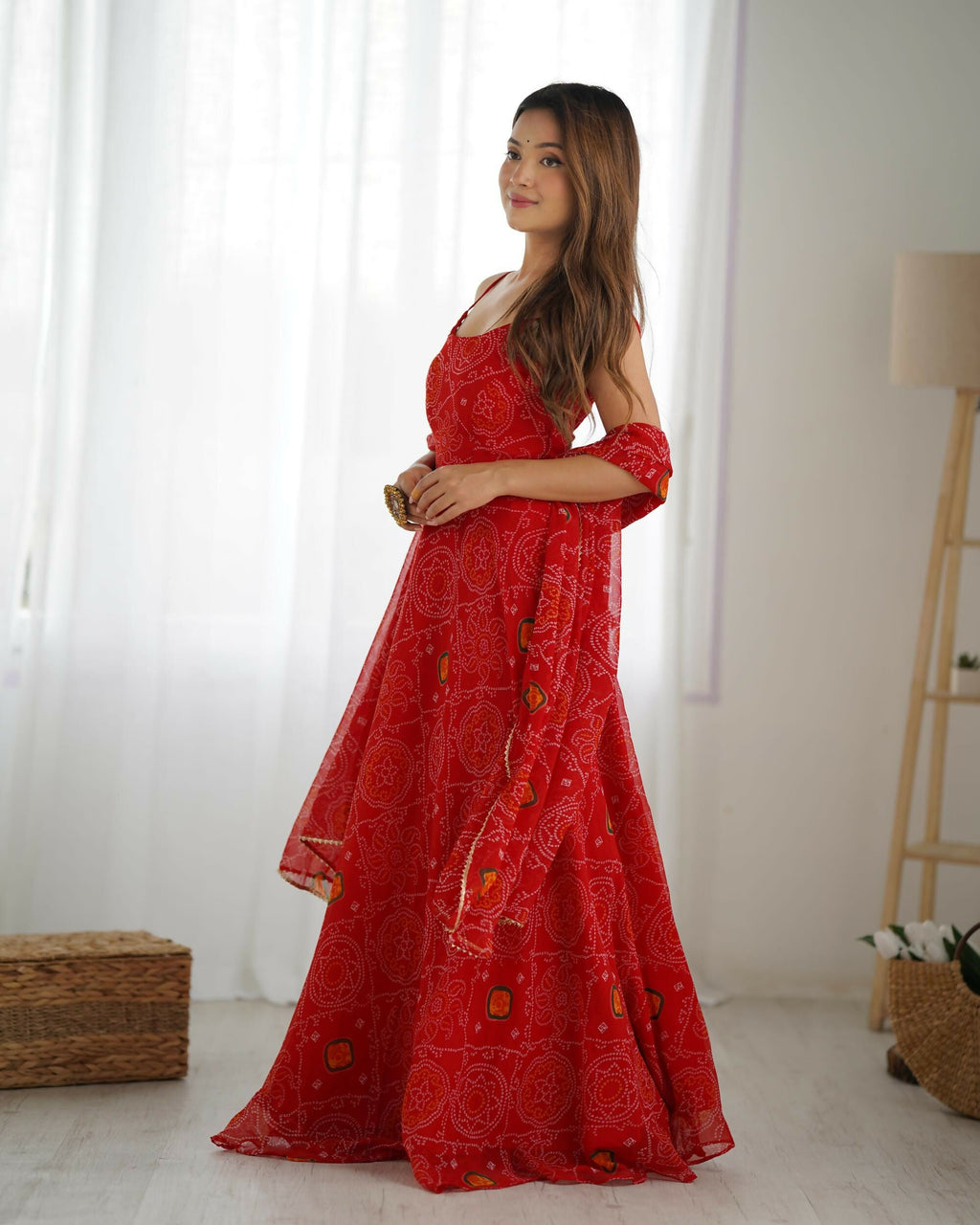The52 Women's Beautiful Printed Chiffon Bandhej Fabric Flared Anarkali Pant and Dupatta Set - Distacart