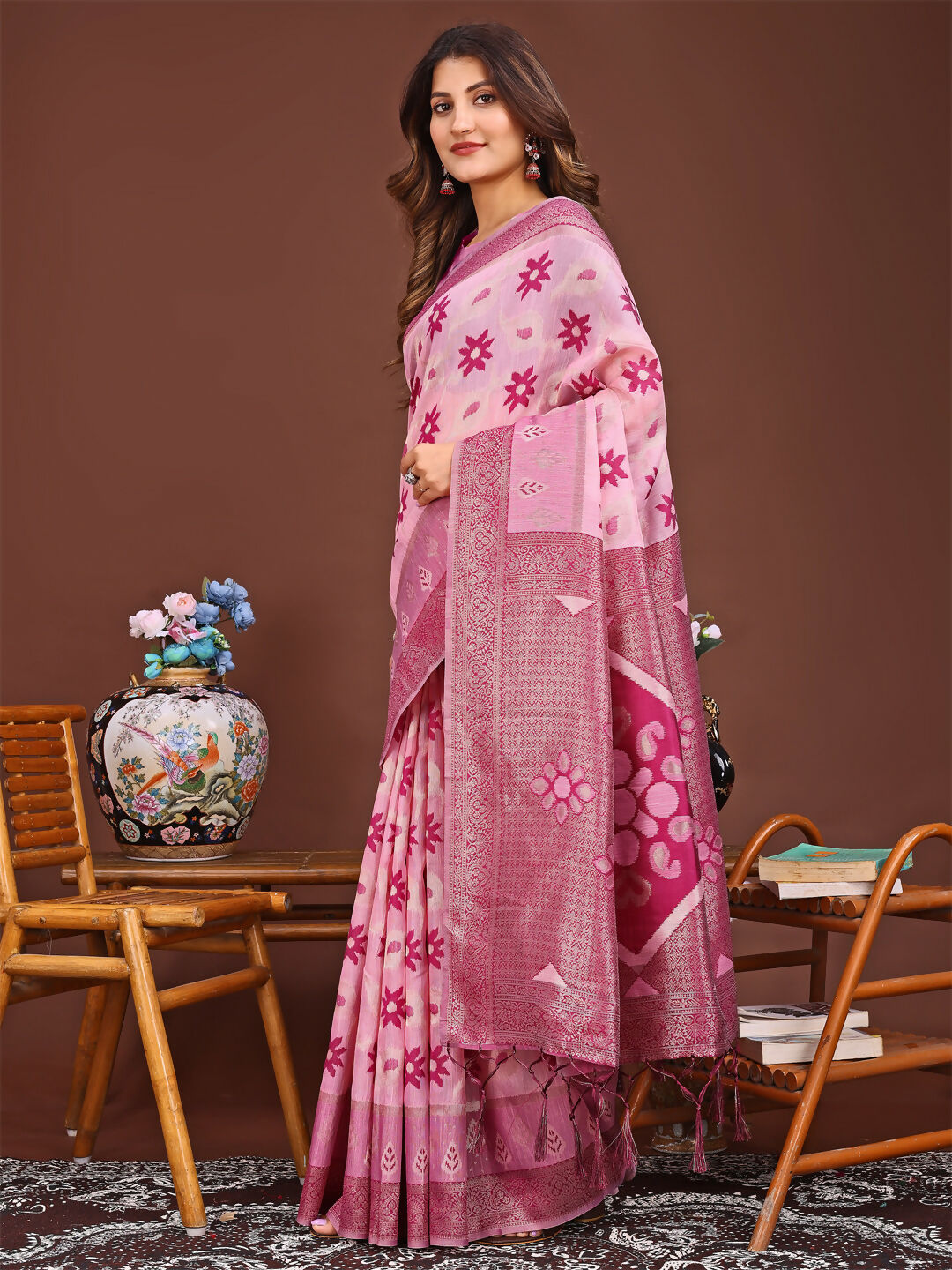Shree Shyam Fashion Sajni Pink Linen Cotton Saree