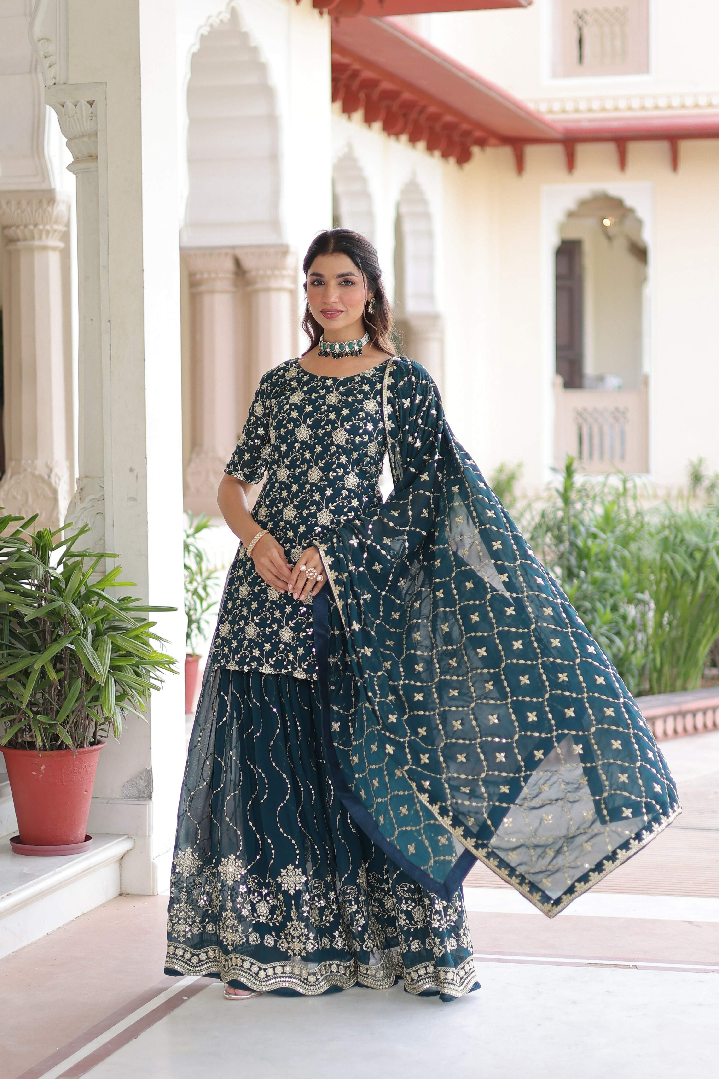 Joban Fashion Rama Green Readymade Kurta Set With Sequence embroidery Work - Distacart