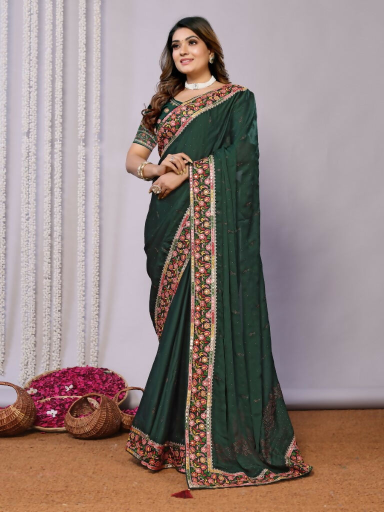 Green Silk Georgette Resham And Zari Embroidery Stone Handwork Saree - Norita Saumya