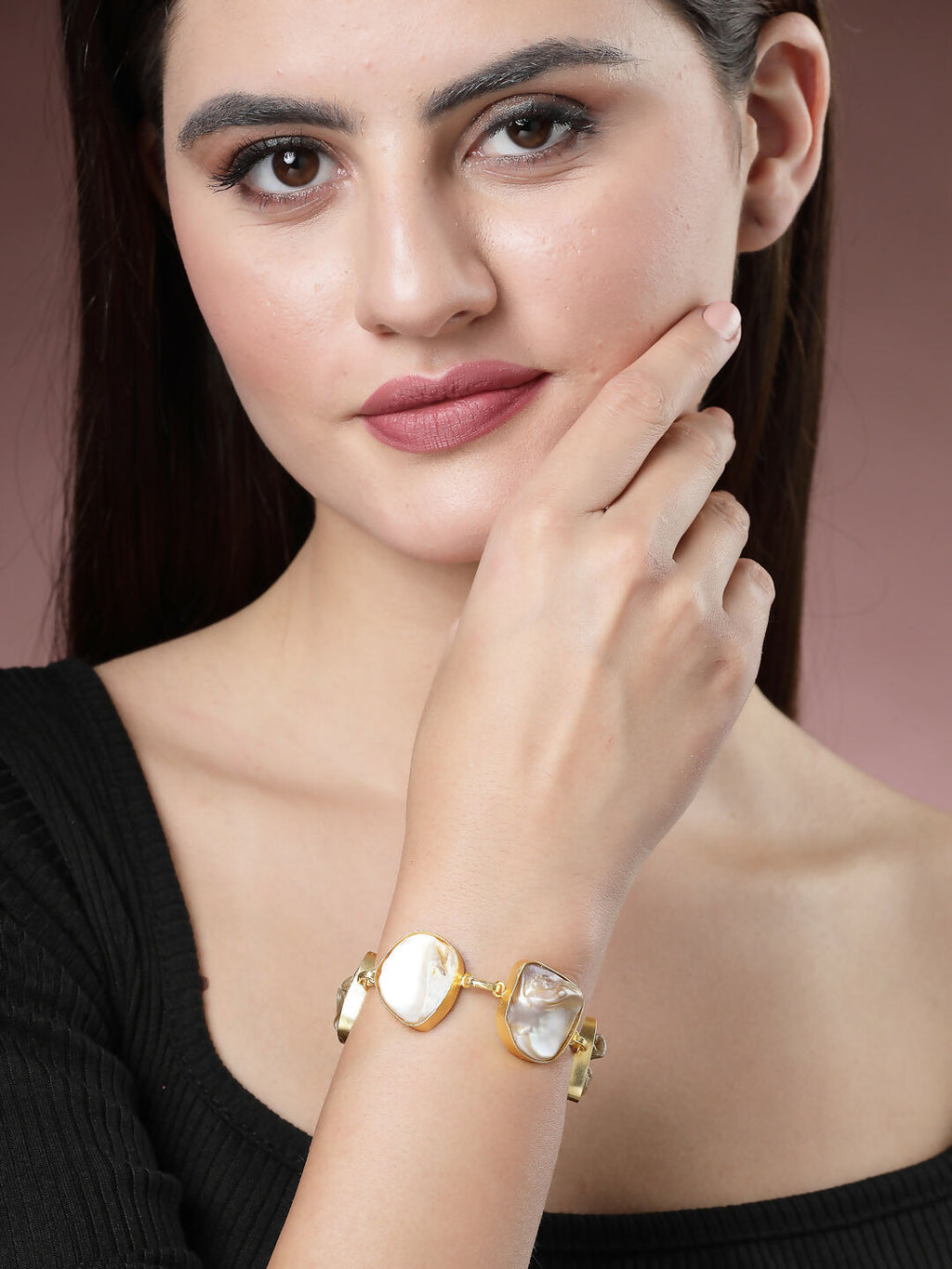 NVR Women's Gold-Plated Handcrafted Mother of Pearl Link Bracelet - Distacart