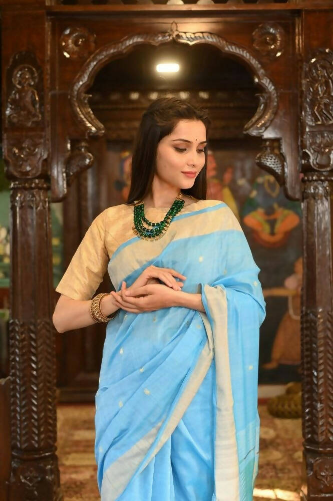 Very Much Indian Handloom Pure Cotton Paithani Peacock Pallu-Sky Blue - Distacart
