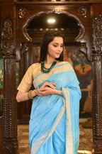 Very Much Indian Handloom Pure Cotton Paithani Peacock Pallu-Sky Blue - Distacart
