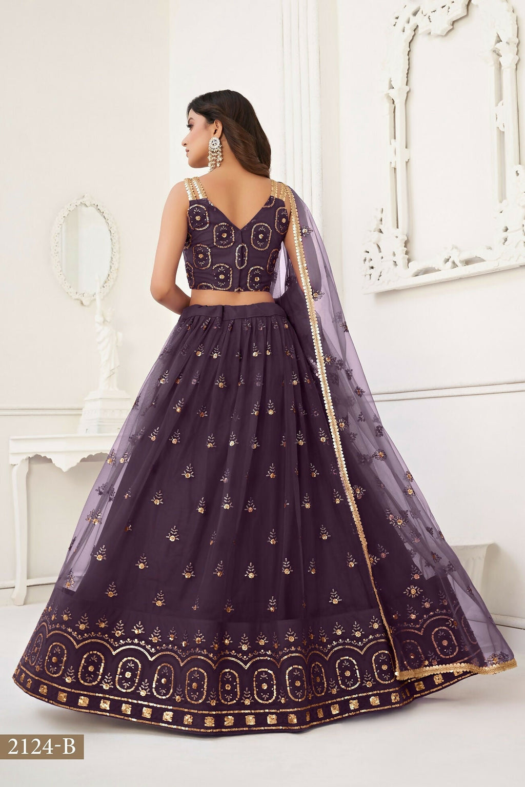 Eilara Women'S Dusty Wine Butterfly Net With Tone Thread Work And Sandwich Embroidered Work Lehenga Choli For Wedding
