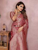 Aastha Fashion Dark Pink Soft Organza Silk Weaving Saree - Distacart