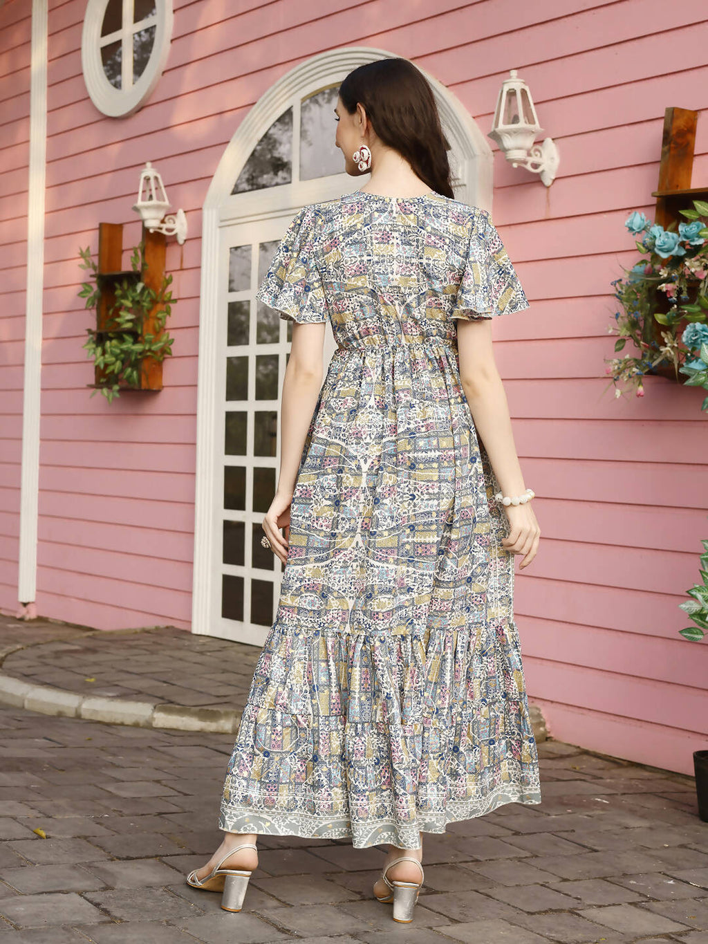 Green Rayon Foil Printed Long Dress - Michan - Distacart