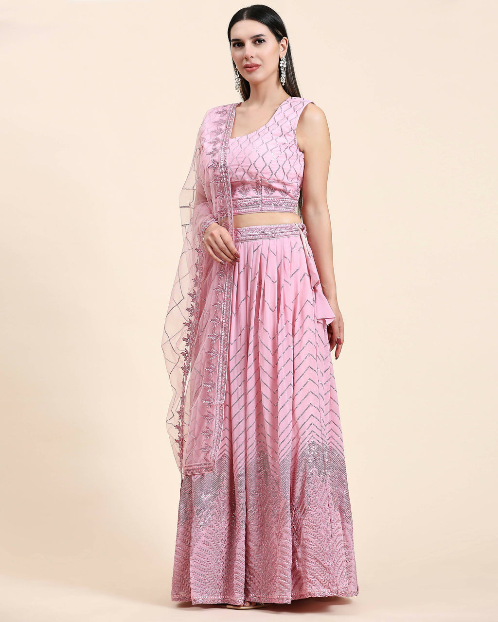 Pink Pure Viscose Georgette Sequence Embroidery work Lehenga Choli with Dupatta - Aakriti