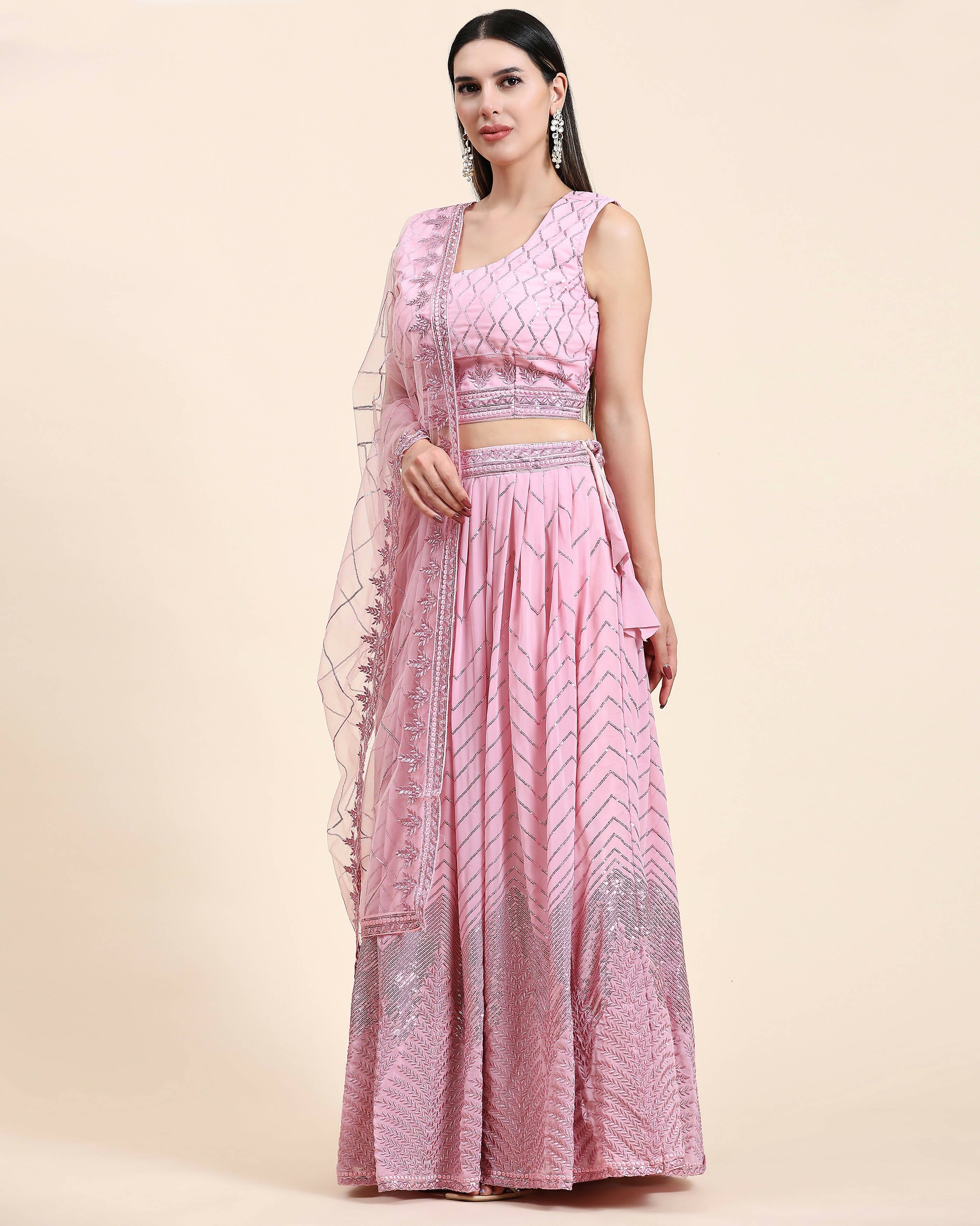 Pink Pure Viscose Georgette Sequence Embroidery work Lehenga Choli with Dupatta - Aakriti