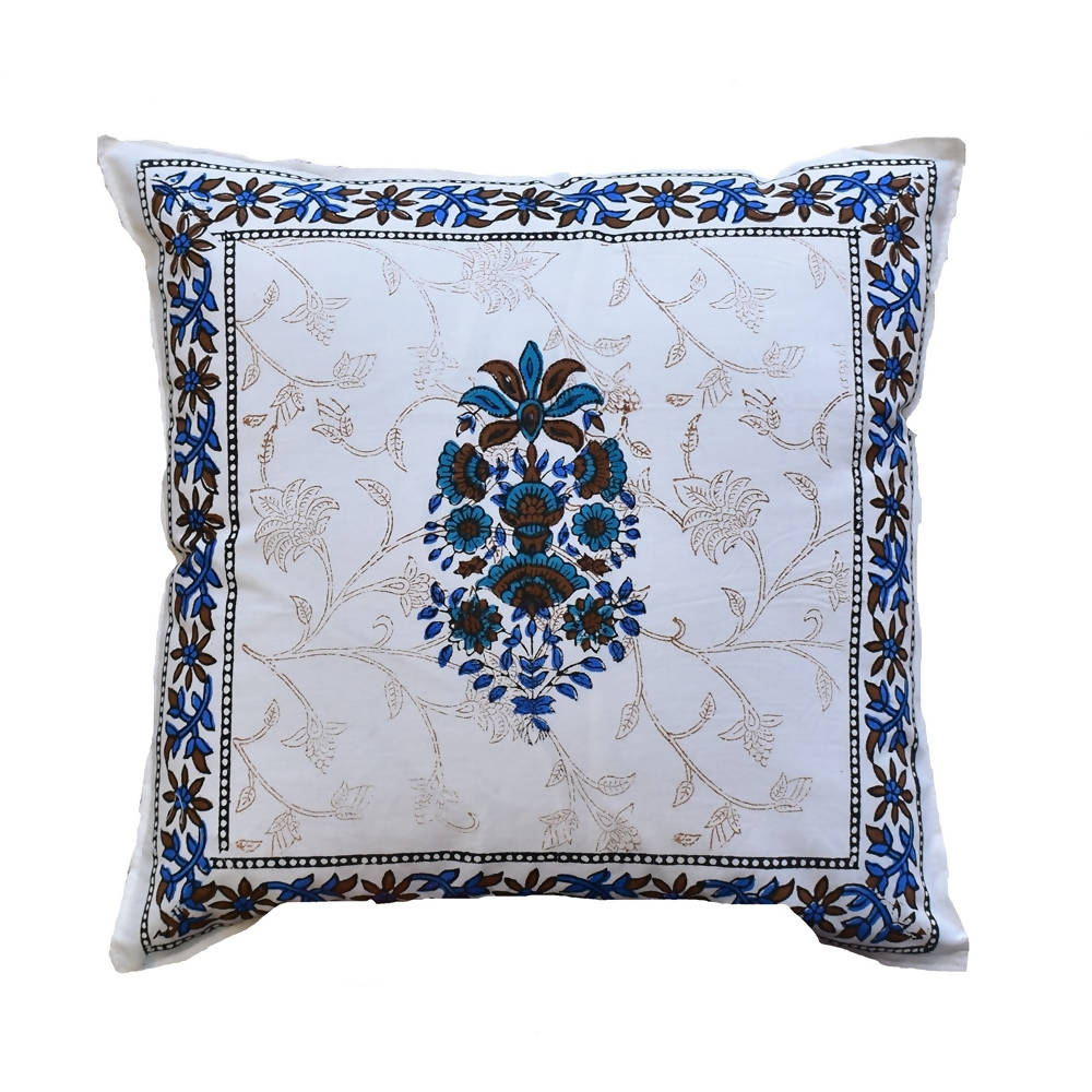 The Decor Nook Blue Floral Print With Blue Brown Border Cushion Cover