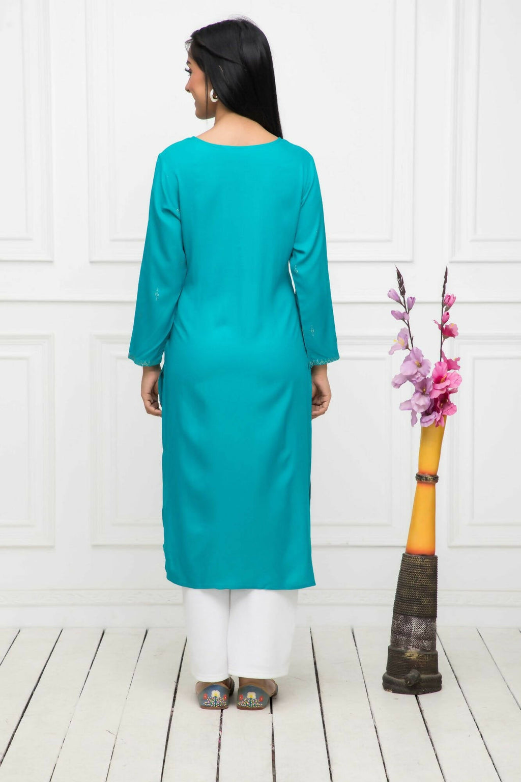Myshka Women Blue Solid Rayon Straight Round Neck Kurtas - Distacart