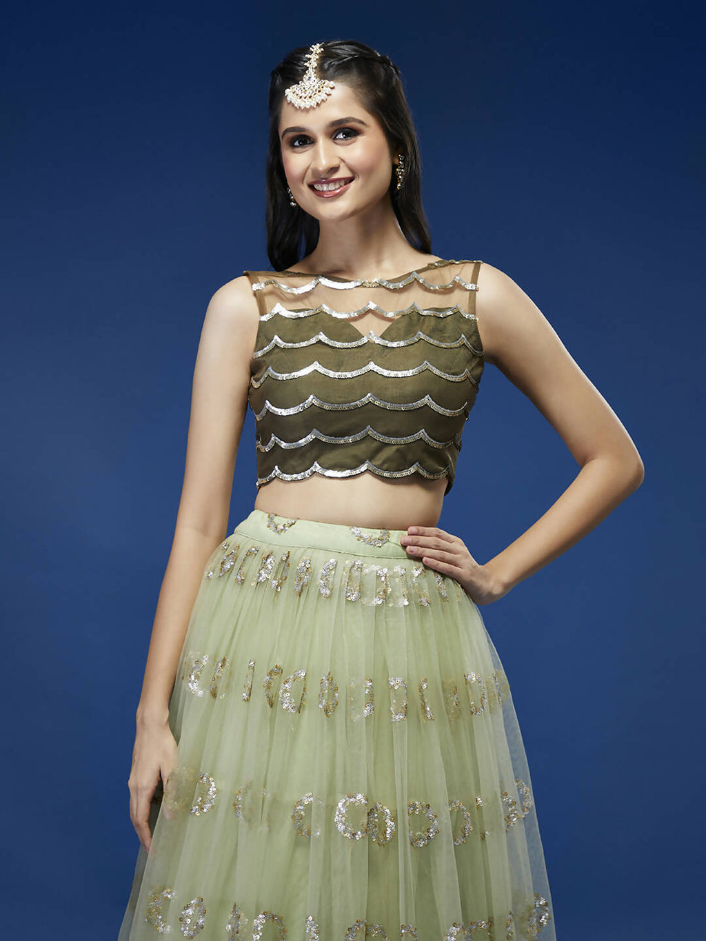 House of Panchhi Lime Green Net Embroideried Round Sequins Lehenga