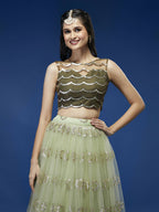 House of Panchhi Lime Green Net Embroideried Round Sequins Lehenga