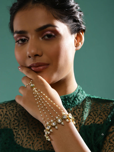 Women's Gold-Toned White Brass Kundan Gold-Polished Link Bracelet - Ruby Raang