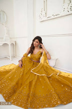 Aastha Fashion Mustard Yellow Butterfly Net Tone To Tone Thread Work And Sandwich Sequence Work Embroidery Wedding Wear Lehenga Choli