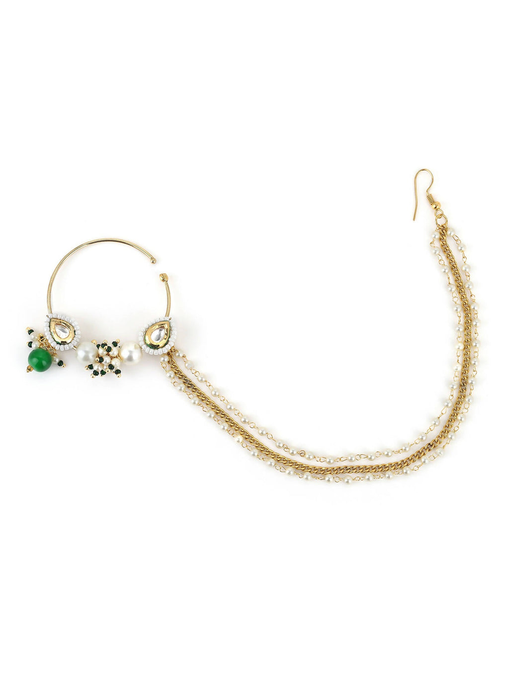 Gold-Plated White Green Kundan-Studded Pearl Beaded Nosepin - Ruby Raang - Distacart