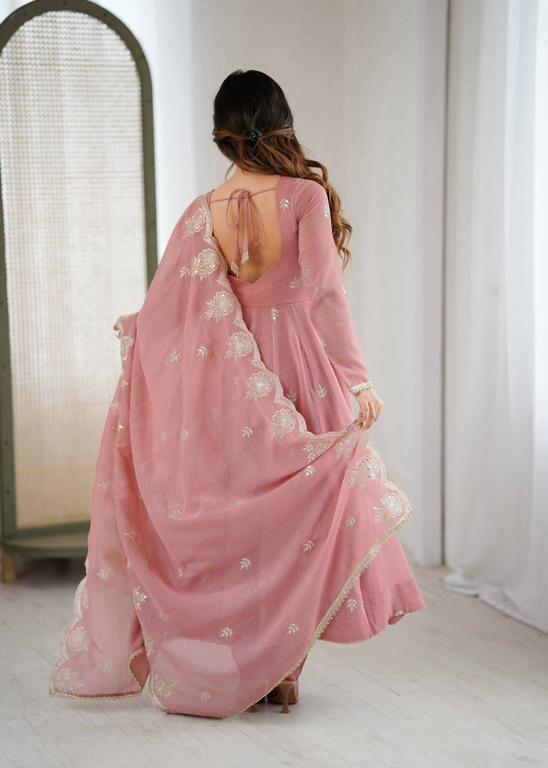Teeya Creation Peach Color Crunchy Silk Embroidery Work Wedding Wear Gown - Distacart