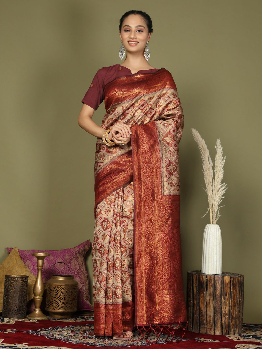 Shree Shyam Fashion Lichi Silk Cream Saree - Distacart