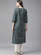 Yufta Women Blue and White Ethnic Motifs Pure Cotton Kurta with Trouser