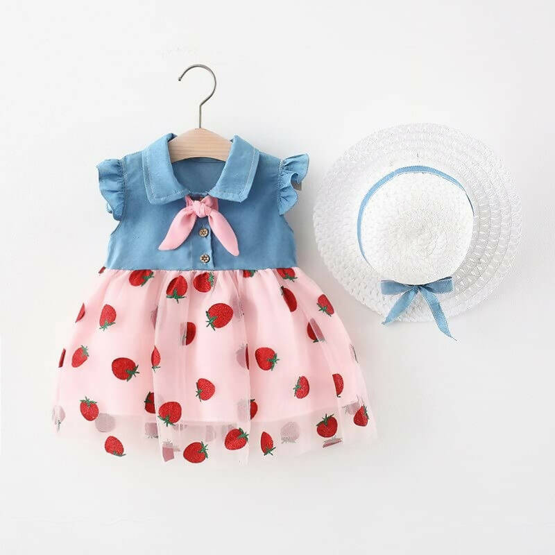 Bold N Elegant Cap Sleeve Denim Embroidered Midi Party Dress Frock with Hat Dress - Strawberry Pink