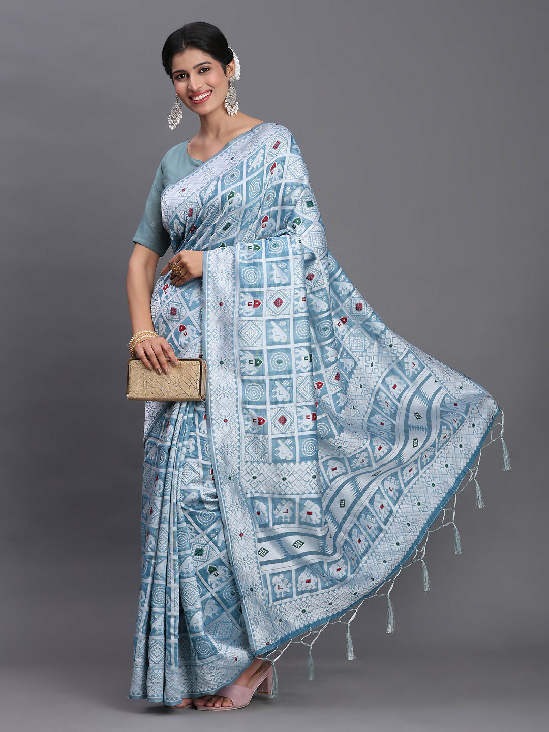 Shree Shyam Fashion Linen Cotton Sky Blue Saree - Distacart