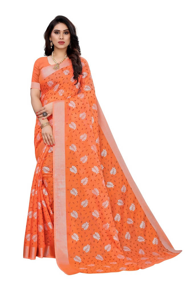 Vamika Orange Color Linen Zari Border Saree