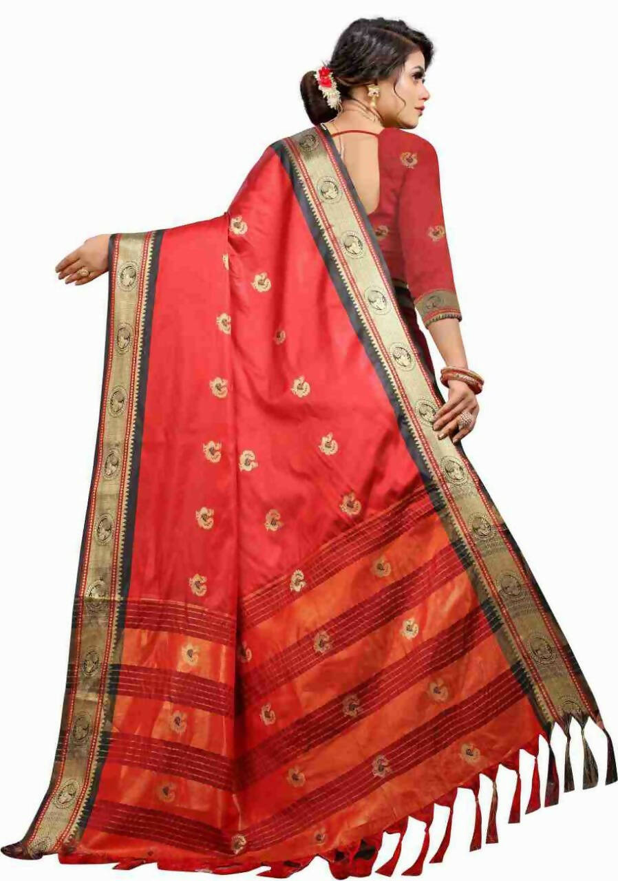 DEIANA'S Beautiful Designer Golden zari Soft Lichi Silk Saree - Red