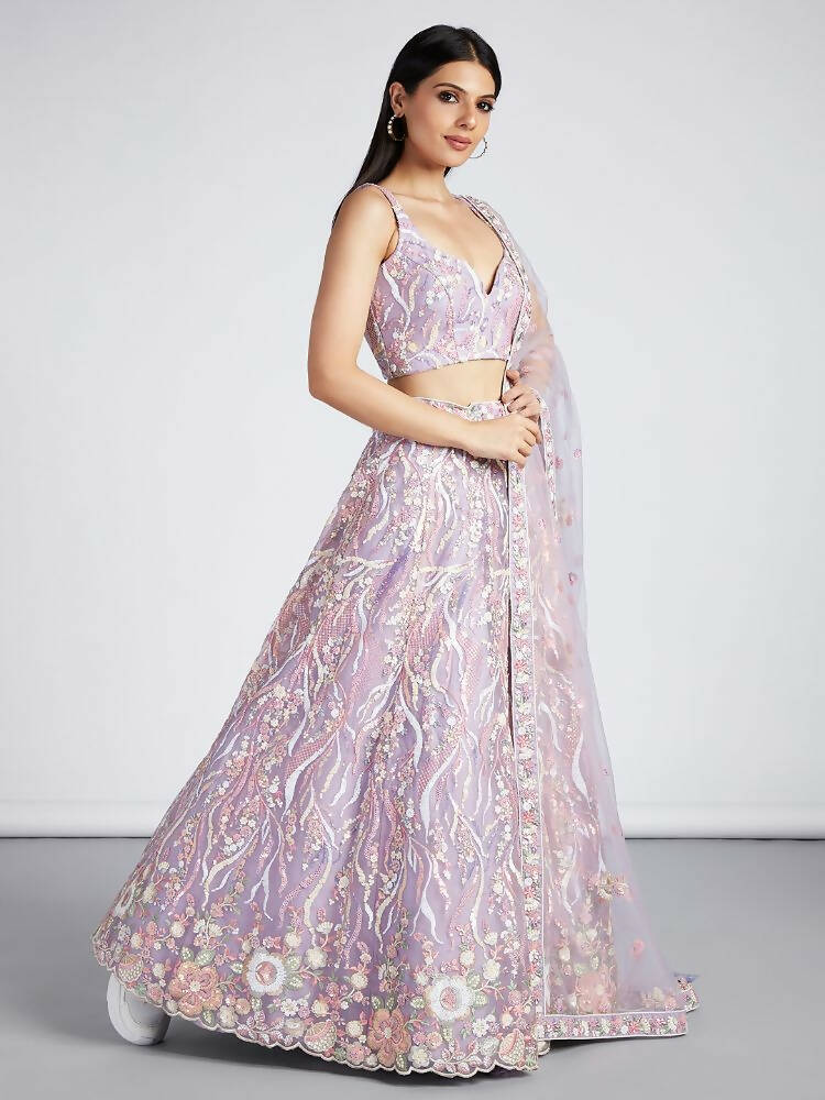 House of Panchhi Mauve Net Sequins And Thread Embroidery Lehenga Choli & Dupatta