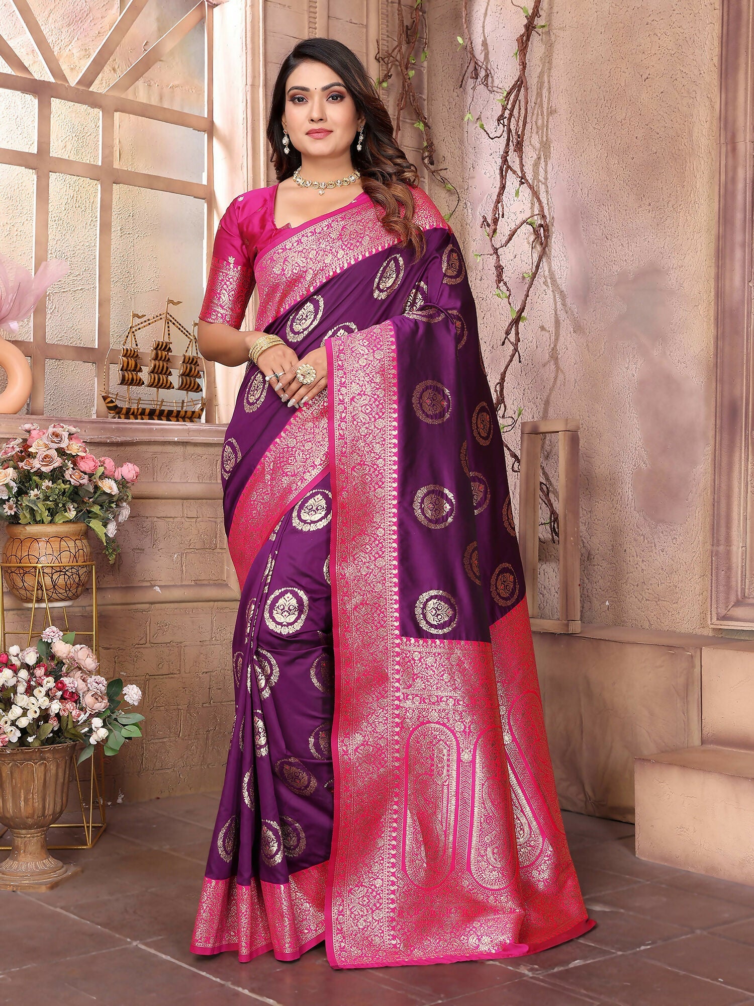 Joban Fashion Purple Banarasi Soft Silk Woven Saree - Distacart