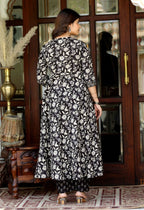 Miravan Women's Black Cotton Anarkali Kurta Embroidered Neck With Palazzo