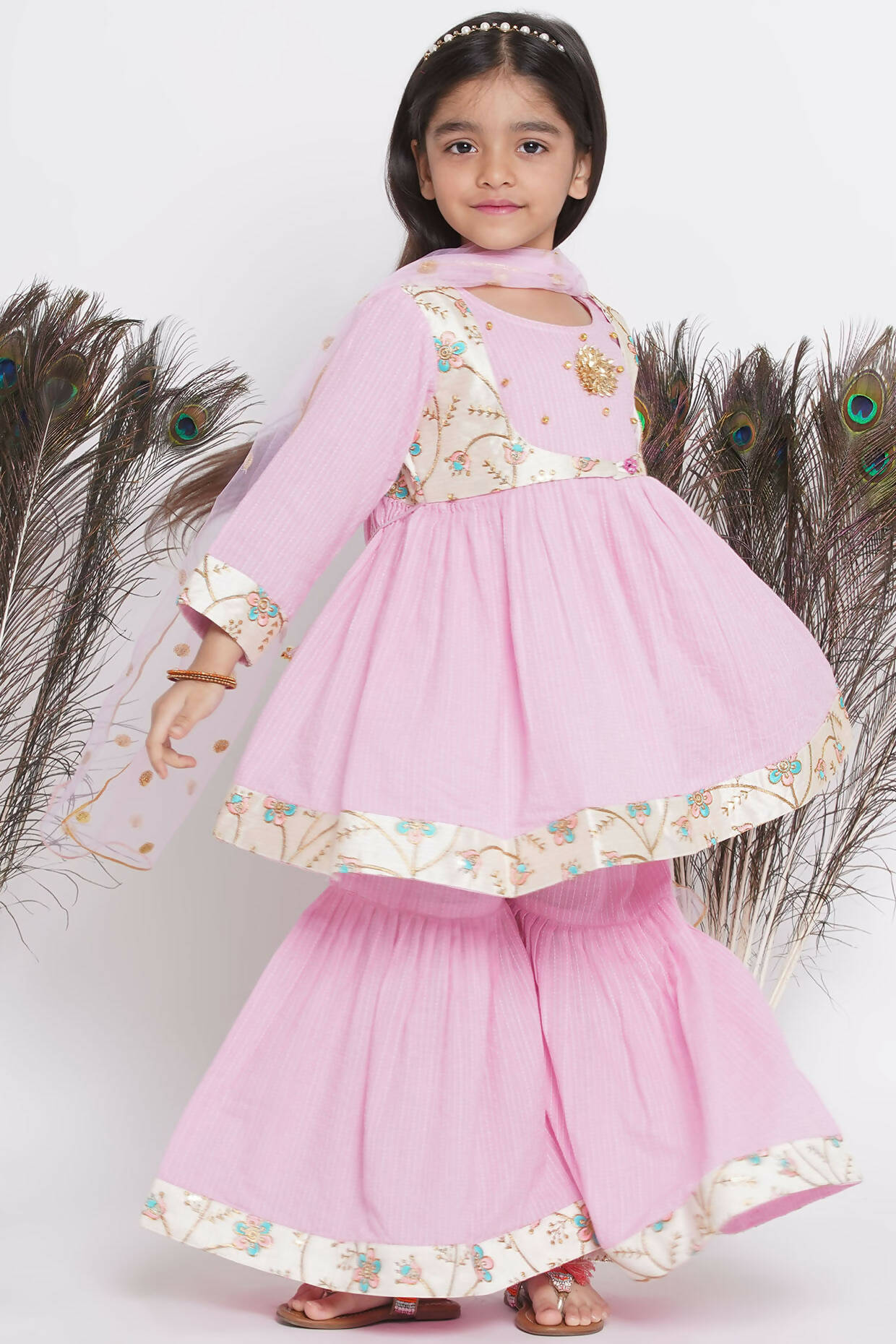 Little Bansi Floral Embroidery Jacket With Cotton Kantha Frock Sharara And Dupatta With Ghungroo Handwork - Pink