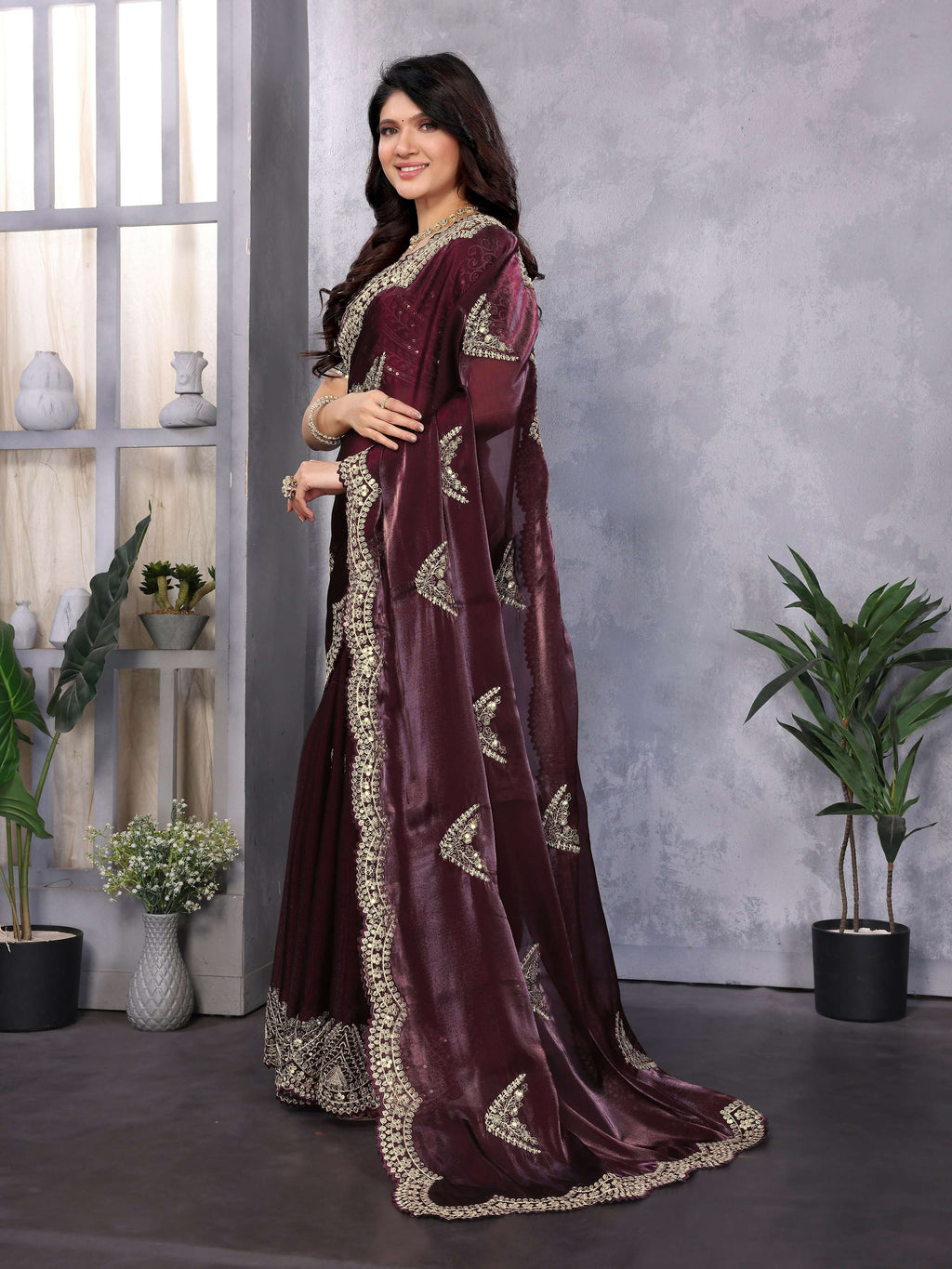 Vastranavya Wine Embroidery Work Shimmer Chiffon Saree with Unstitched Blouse - Distacart