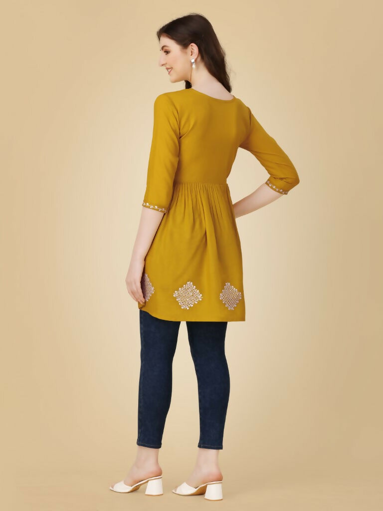 Jyoti Fashion Women's Mustard Viscose Rayon Embroidered Casual Top