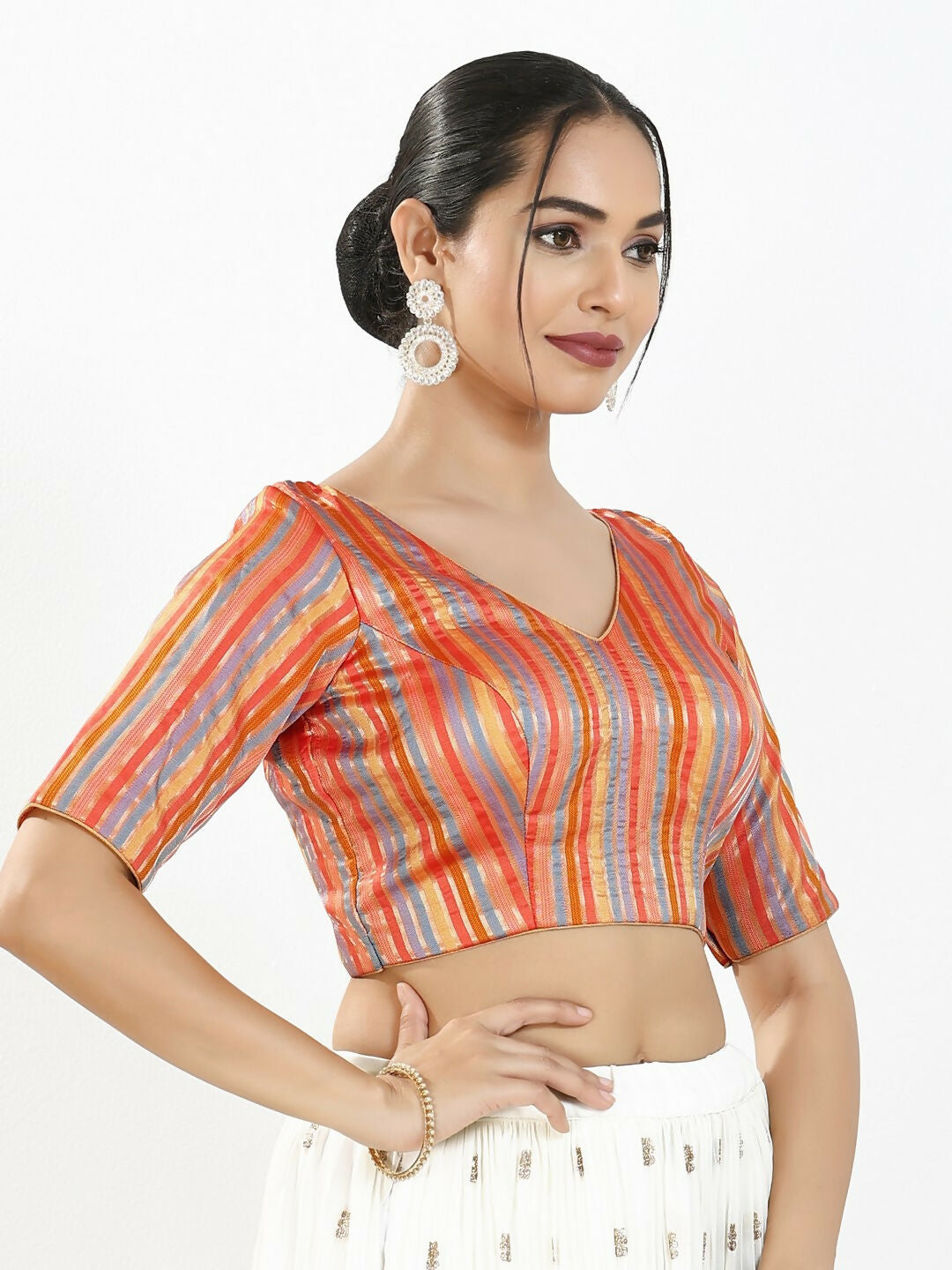 Joban Fashion Orange Multi Brocade Padded Blouse With V Neck Elbow Sleeves - Distacart