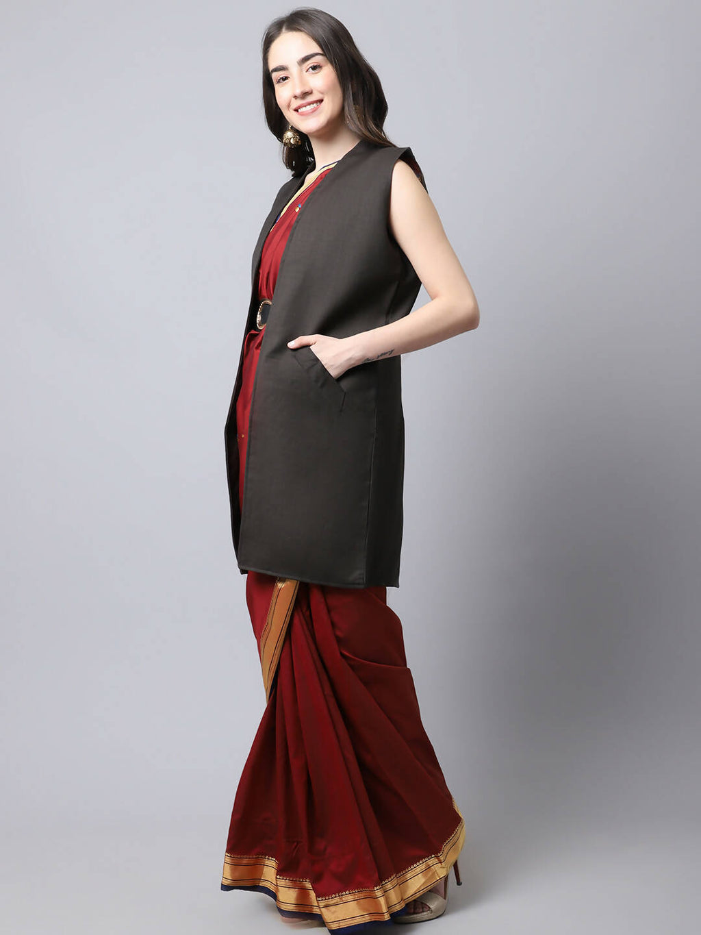 Even Apparels Brown Polywool Open Front Women's Long Coat - Distacart