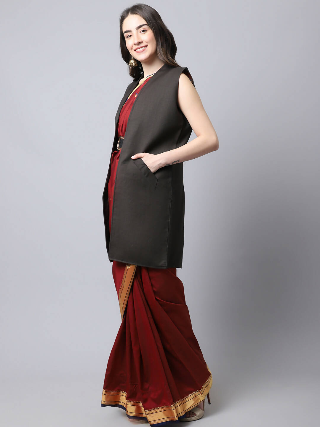 Even Apparels Brown Polywool Open Front Women's Long Coat - Distacart