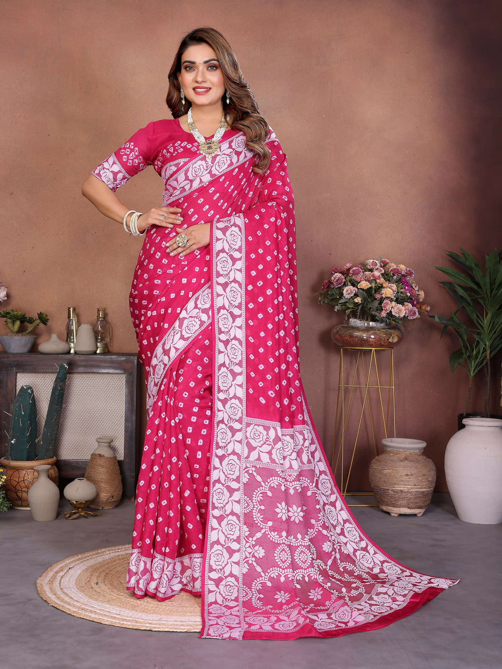 Aastha Fashion Pink Viscose Silk Handmade Original Bandhej Saree - Distacart