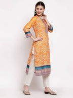 Myshka Women's Multi Cotton Printed 3/4 Sleeve Round Neck Casual Kurta