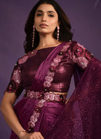 Purple Crepe Satin Silk Embroidered Saree With Stitched Blouse - Mohmanthan Exotica