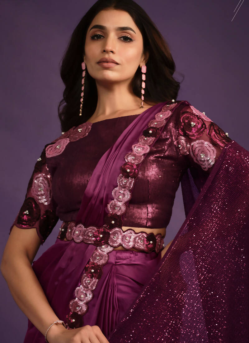 Purple Crepe Satin Silk Embroidered Saree With Stitched Blouse - Mohmanthan Exotica