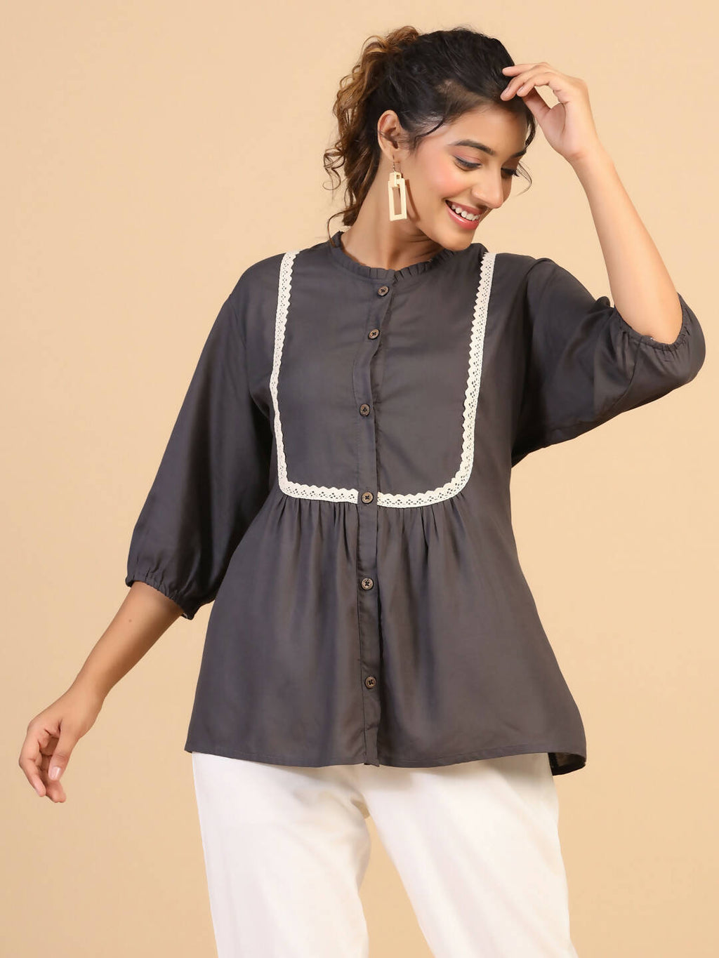 Womens Grey Rayon Solid Top - Keeva